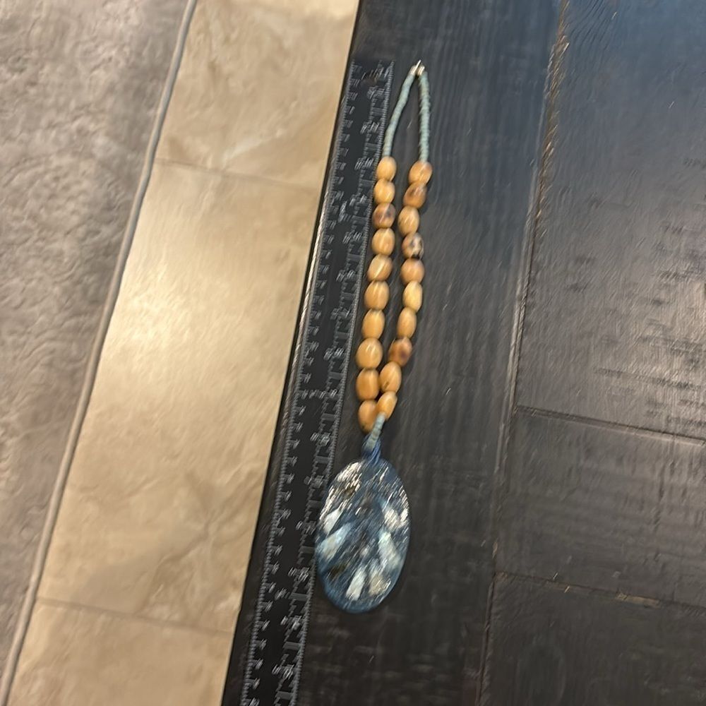 Unique Inlayed Oval Chunky Large Charm Wood Beaded Boho Necklace Navajo - Picture 6 of 7